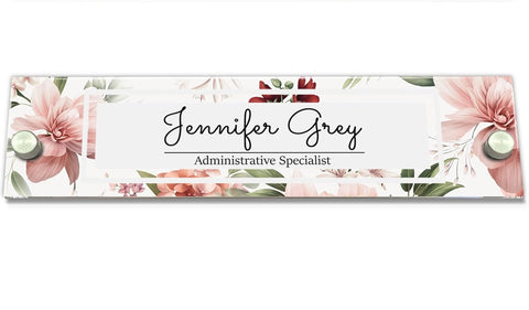 VWAQ Personalized Office Wall Name Plate Sign - Flower Design On Clear Acrylic Glass - Custom Decor Nameplate Sign - Personalized Gift - WACS1