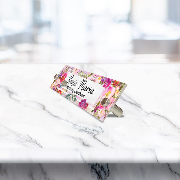VWAQ Custom Florews Nameplate for Wall - Clear Acrylic Floral Plaque - Personalized Office Decor Name Plate Sign Gift - WACS16
