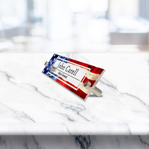 VWAQ Personalized Patriotic Name Plate for Wall - American Flag Clear Acrylic - Custom Office Decor Nameplate Sign Gift - WACS19