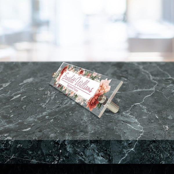 VWAQ Custom Floral Nameplate for Wall - Flower Clear Acrylic - Personalized Women's Office Decor Name Plate Sign Gift - WACS21