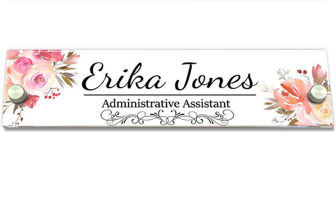 VWAQ Personalized Professional Flower Nameplate for Wall - Clear Acrylic Glass - Custom Office Decor Name Plate Sign Gift - WACS26