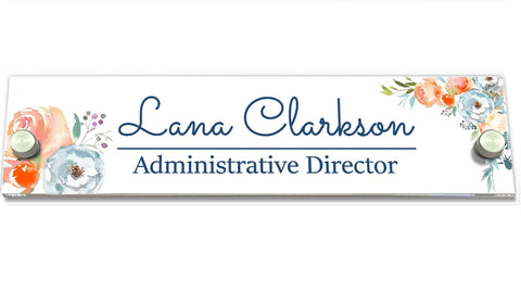 VWAQ Custom Watercolor Flowers Nameplate for Wall - Clear Acrylic Glass - Personalized Office Decor Name Plate Floral Sign Gift - WACS31