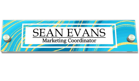 VWAQ Custom Blue and Gold Wave Nameplate for Wall - Clear Acrylic Glass - Personalized Office Decor Name Plate Sign Gift - WACS39