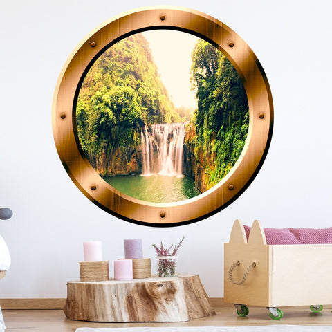 VWAQ Waterfall View Bronze Porthole Peel And Stick Vinyl Wall Decal - BP13