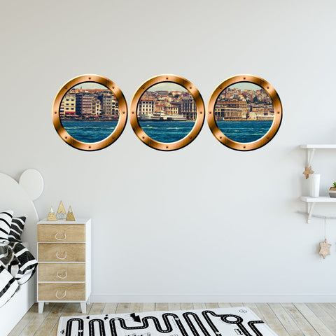 VWAQ Pack of 3 City Skyline Bronze Porthole Peel and Stick Wall Decals - BPW5