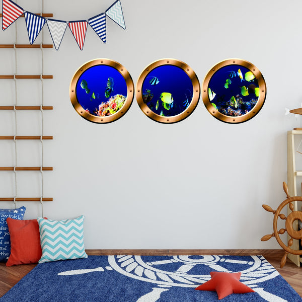 VWAQ Pack of 3 Underwater Fish Peel and Stick Silver Window Porthole Wall Decals - SPW18