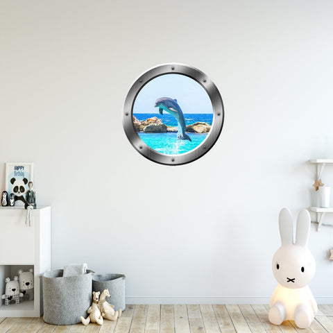 VWAQ Dolphin Breaching Silver Porthole Peel and Stick Vinyl Wall Decal - SP30 - VWAQ Vinyl Wall Art Quotes and Prints