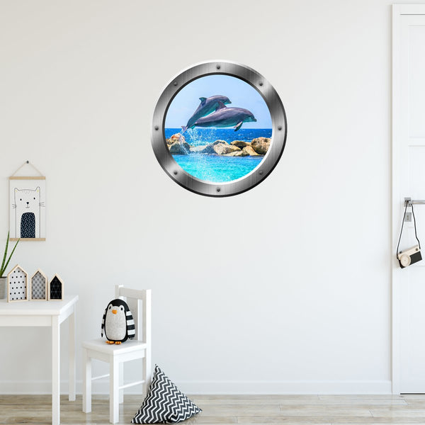 VWAQ Dolphins Breaching Peel and Stick Silver Porthole Vinyl Wall Decal - SP27 - VWAQ Vinyl Wall Art Quotes and Prints