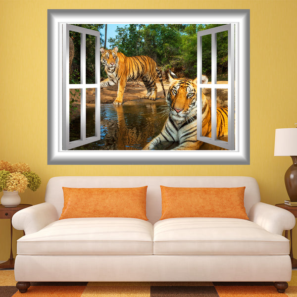 VWAQ Tiger Window Frame Scene Peel and Stick Jungle Vinyl Wall Decal - GJ11A