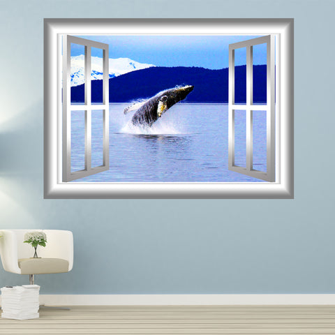 VWAQ Peel and Stick Breaching Humpback Whale Window Frame Scene Wall Decal - GJ95 - VWAQ Vinyl Wall Art Quotes and Prints