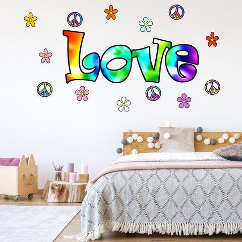 70's Tie Dye Love Peace Retro Flowers Peel and Stick Vinyl Wall Decals - HF3 - VWAQ Vinyl Wall Art Quotes and Prints