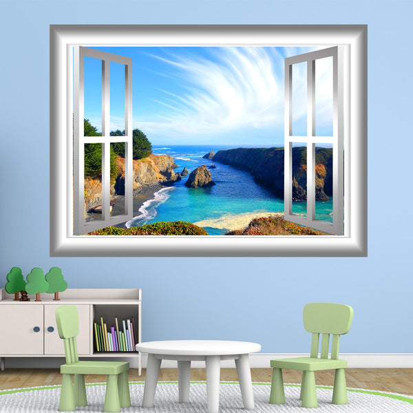 VWAQ Scenic Ocean View Peel and Stick Window Frame Vinyl Wall Decal