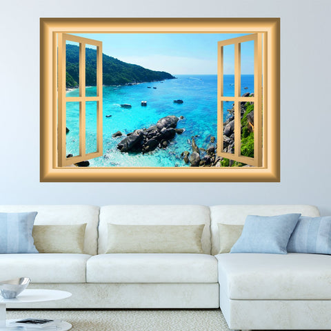 VWAQ Mountain Cliff Ocean View Window Frame Wall Decal (VWAQ-NW1)