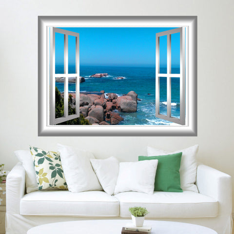 VWAQ Ocean Scene Rocky Beach Peel and Stick Window Frame Vinyl Wall Decal - NW74