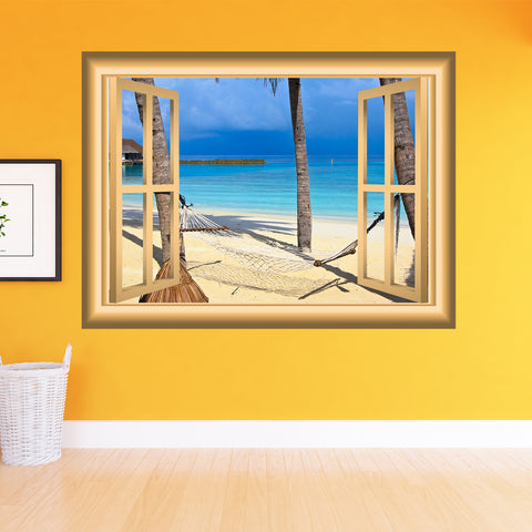 VWAQ Hammock Palm Trees Beach Scene Wall Art Window Frame Vinyl Wall Decal - NW90 - VWAQ Vinyl Wall Art Quotes and Prints