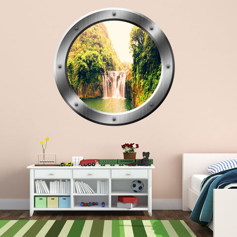 VWAQ Jungle Waterfall Scene Silver Porthole Peel and Stick Vinyl Wall Decal - SP13