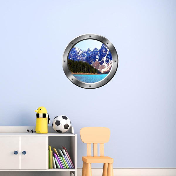VWAQ Peel & Stick Snowy Mountain Lake View Silver Porthole Vinyl Wall Decal - SP21