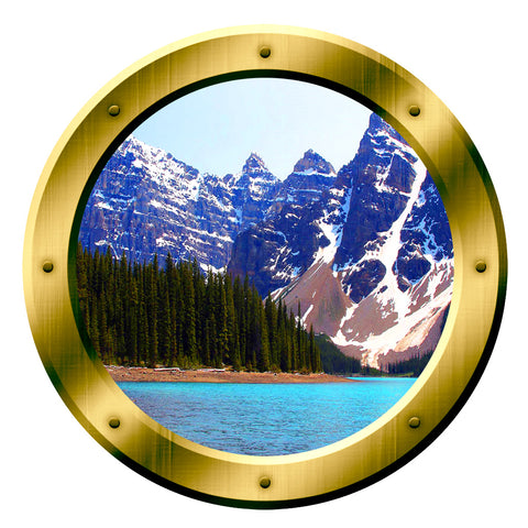 VWAQ Snowy Mountain Gold Window Porthole Forest Trees Peel and Stick Wall Decal - VWAQ Vinyl Wall Art Quotes and Prints