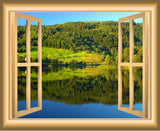 VWAQ Peel and Stick Meadow Lake with Forest Scene Window Frame Wall Decal - VWAQ Vinyl Wall Art Quotes and Prints no background