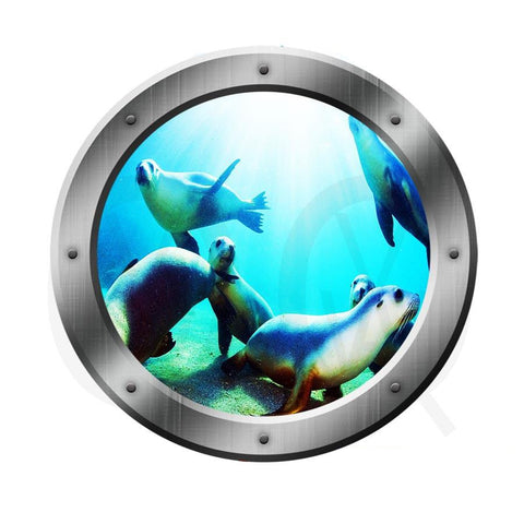 VWAQ Underwater Sea Lions Peel and Stick Window Porthole Vinyl Wall Decal - VWAQ Vinyl Wall Art Quotes and Prints
