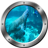 VWAQ Underwater Manatee Silver Porthole Peel and Stick Vinyl Wall Decal no background