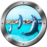 VWAQ Peel and Stick Breaching Dolphins Silver Porthole Vinyl Wall Decal no background