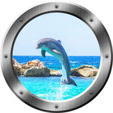 VWAQ Dolphin Breaching Silver Porthole Peel and Stick Vinyl Wall Decal - SP30 - VWAQ Vinyl Wall Art Quotes and Prints