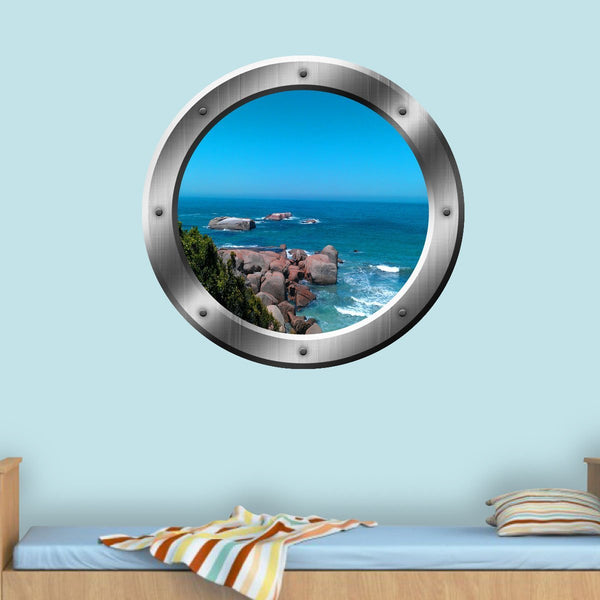 VWAQ Ocean Cliff View Silver Porthole Window Peel and Stick Vinyl Wall Art Decal - VWAQ Vinyl Wall Art Quotes and Prints