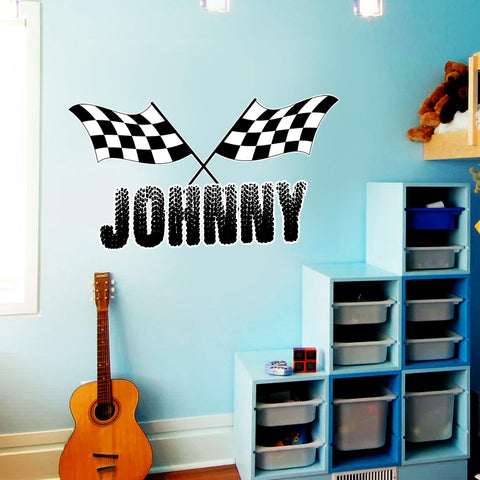 Racing Wall Decals for Boys Room Custom Name Flag and Name Racing Sticker VWAQ - TTC1-P