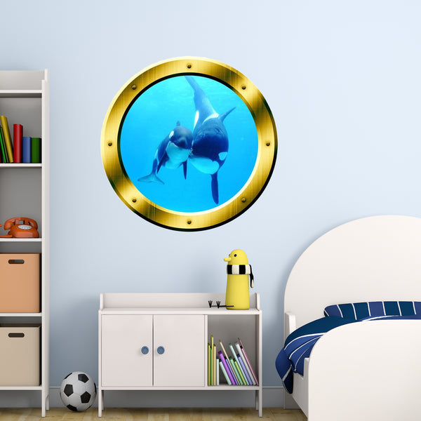 VWAQ Underwater Orca Whale Gold Window Porthole Peel And Stick Vinyl Wall Decal - GP4 - VWAQ Vinyl Wall Art Quotes and Prints