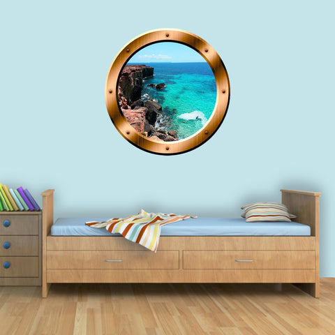 VWAQ Ocean Side Cliff View Bronze Porthole Peel and Stick Vinyl Wall Decal - BP10