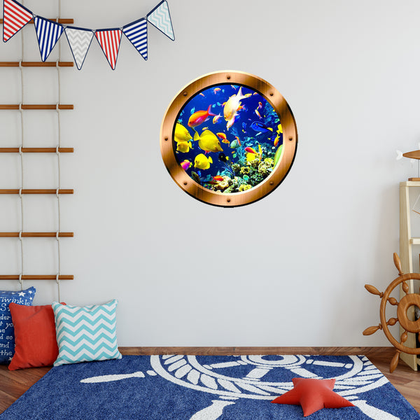 VWAQ Underwater School of Fish Bronze Porthole Peel And Stick Vinyl Wall Decal - BP6
