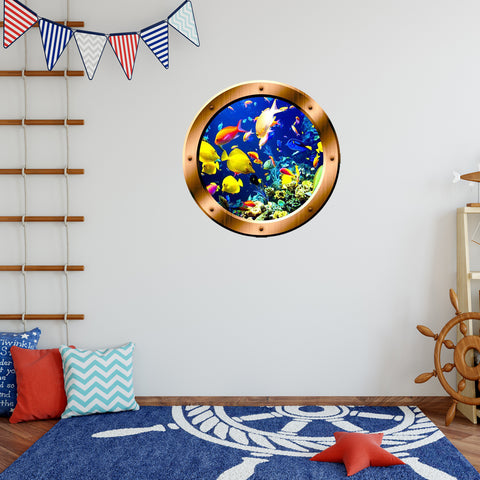 VWAQ Underwater School of Fish Bronze Porthole Peel And Stick Vinyl Wall Decal - BP6
