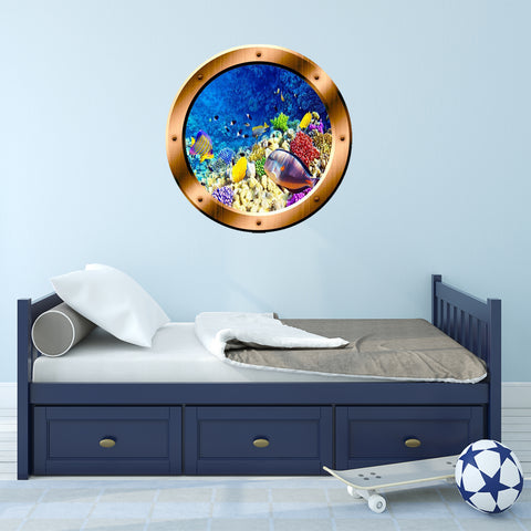 VWAQ Underwater Scene School of Fish Bronze Porthole Peel And Stick Vinyl Wall Decal - BP7 - VWAQ Vinyl Wall Art Quotes and Prints
