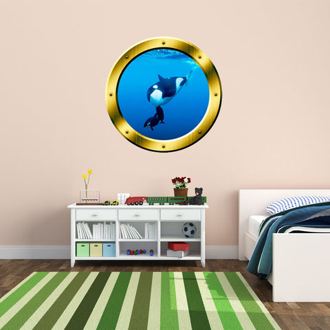 VWAQ Underwater Orca Whale View Gold Porthole Peel And Stick Vinyl Wall Decal - GP3 - VWAQ Vinyl Wall Art Quotes and Prints
