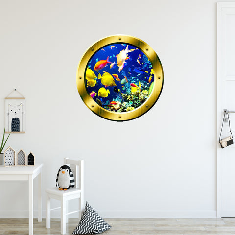 VWAQ Underwater Ocean Life Porthole Gold Window frame Wall Decal - GP6