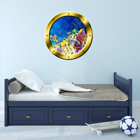 VWAQ Underwater Scene School of Fish Gold Porthole Peel And Stick Vinyl Wall Decal - GP7 - VWAQ Vinyl Wall Art Quotes and Prints