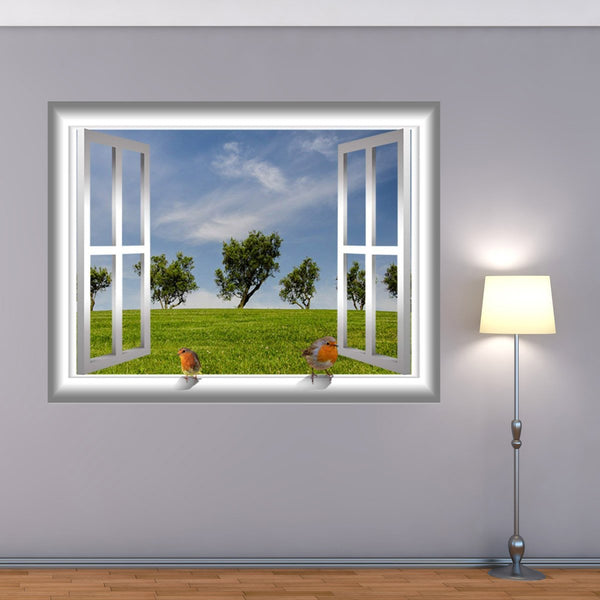 VWAQ Bird on Window Frame in Grassy Field Peel and Stick Vinyl Wall Decal - AN3 - VWAQ Vinyl Wall Art Quotes and Prints