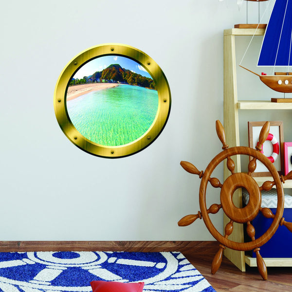 VWAQ Island Scenery Gold Porthole Peel and Stick Vinyl Wall Decal - GP17