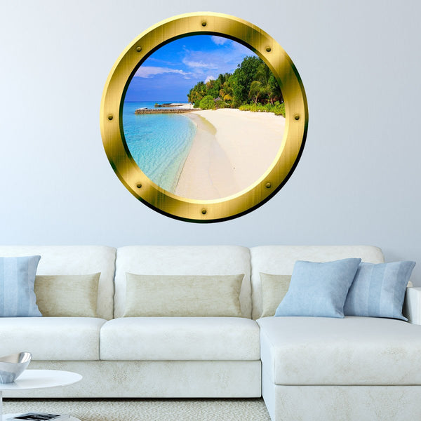 VWAQ Tropical Sandy Beach Gold Porthole Window Peel N Stick Vinyl Wall Decal - GP36 - VWAQ Vinyl Wall Art Quotes and Prints
