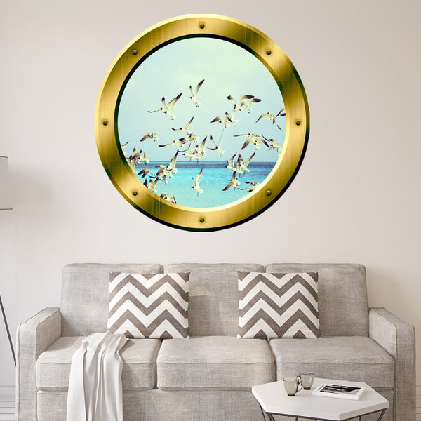 VWAQ Ocean View Seagulls Window Porthole Peel and Stick Vinyl Wall Decal - GP37