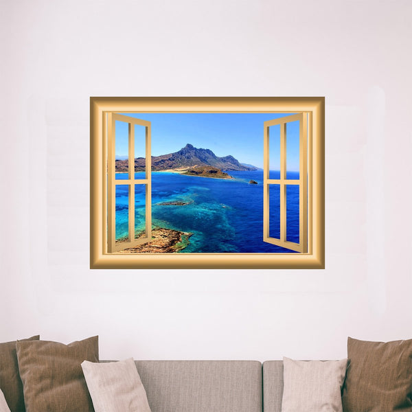 VWAQ Window Frame Wall Decal Mountain Ocean View Peel and Stick Mural