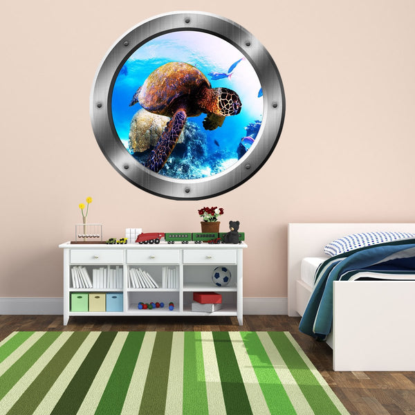 VWAQ Sea Turtle Portrait, Turtle Wall Decal, Porthole, Underwater Ocean Decals