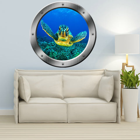 VWAQ Underwater Sea Turtle Porthole View Peel and Stick Vinyl Wall Decal - PO16