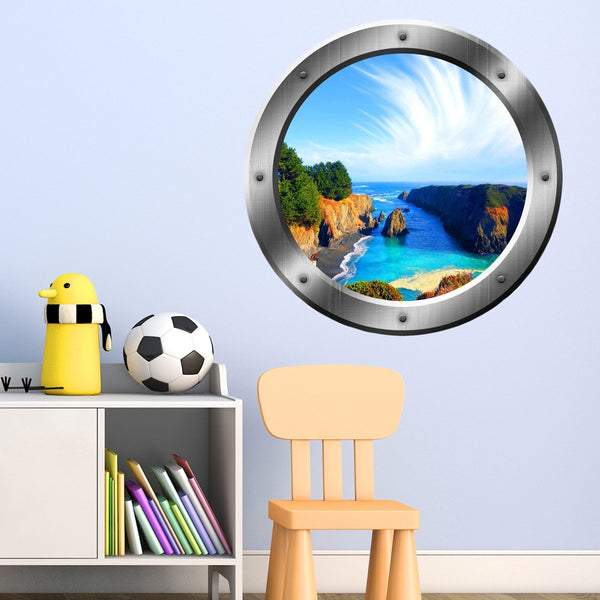 VWAQ Tropical Cove Rocky Scene Silver Window Porthole Peel N Stick Vinyl Wall Decal - SP12