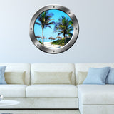 VWAQ Tropical Beach Palapa Scene Silver Window Porthole Peel and Stick Wall Decal - SP14