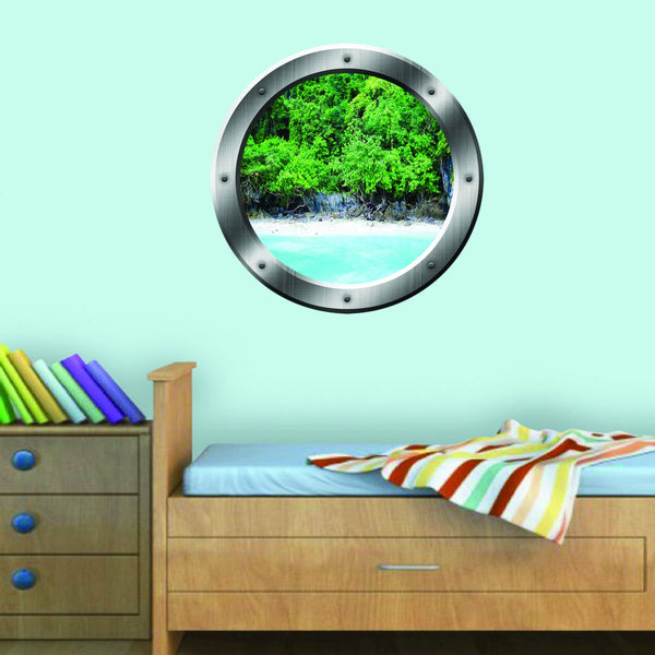 VWAQ Ocean Shoreline Silver Porthole Window View Peel and Stick Vinyl Wall Decal - SP15