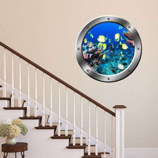 VWAQ Underwater Submarine Fish Silver Porthole Scene Peel And Stick Vinyl Wall Decal - SP16