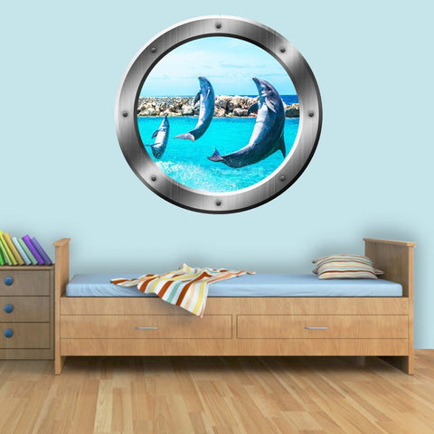VWAQ Peel and Stick Breaching Dolphins Silver Porthole Vinyl Wall Decal