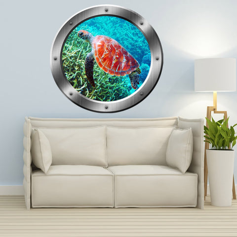 VWAQ Sea Turtle Coral Reef Porthole Peel and Stick Vinyl Wall Decal - SP31